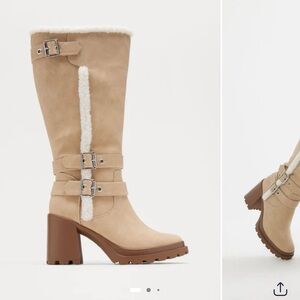 Fashion Nova Beige Heeled Boots with Buckle